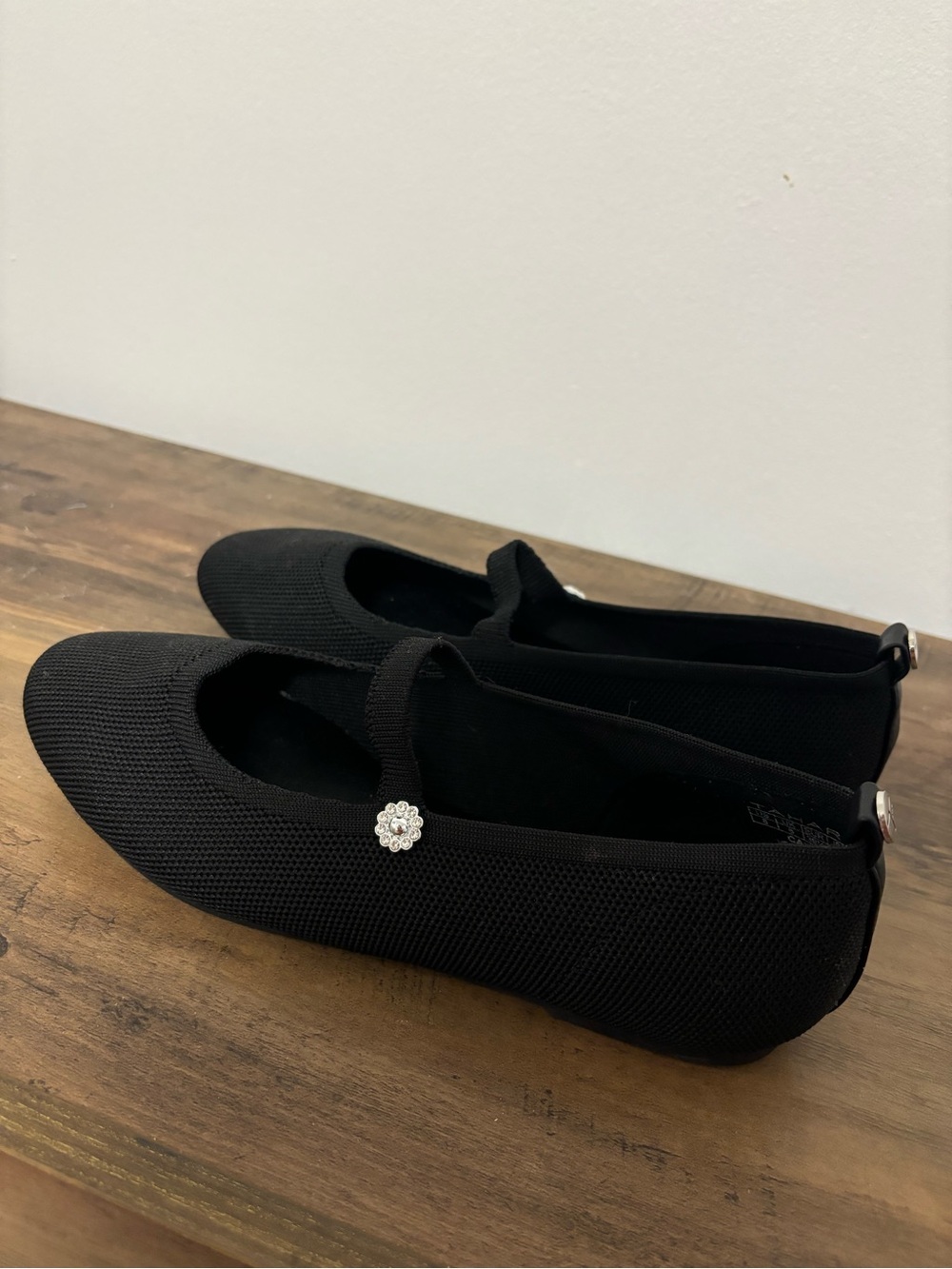Tahari Black Mary Jane Flats with Rhinestone Flower